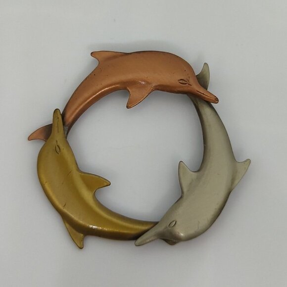 None Jewelry - Vtg Dolphin Circle Brooch Pin Mixed Metal Copper & Brass Finish Nautical